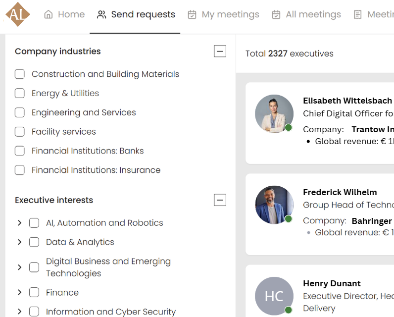 Plattformansicht zur gezielten Auswahl und Filterung von Executives nach Branche und Interessen